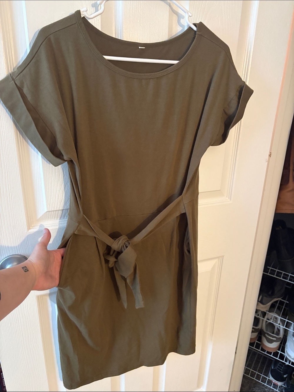 Olive Short Sleeve Belted T-Shirt Dress with POCKETS